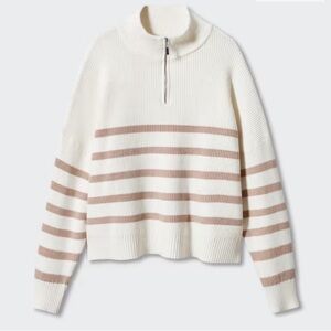 Mango Striped Cropped Chunky Knit Roll Neck 1/4 Zip Cream Camel Plus 2X EUC